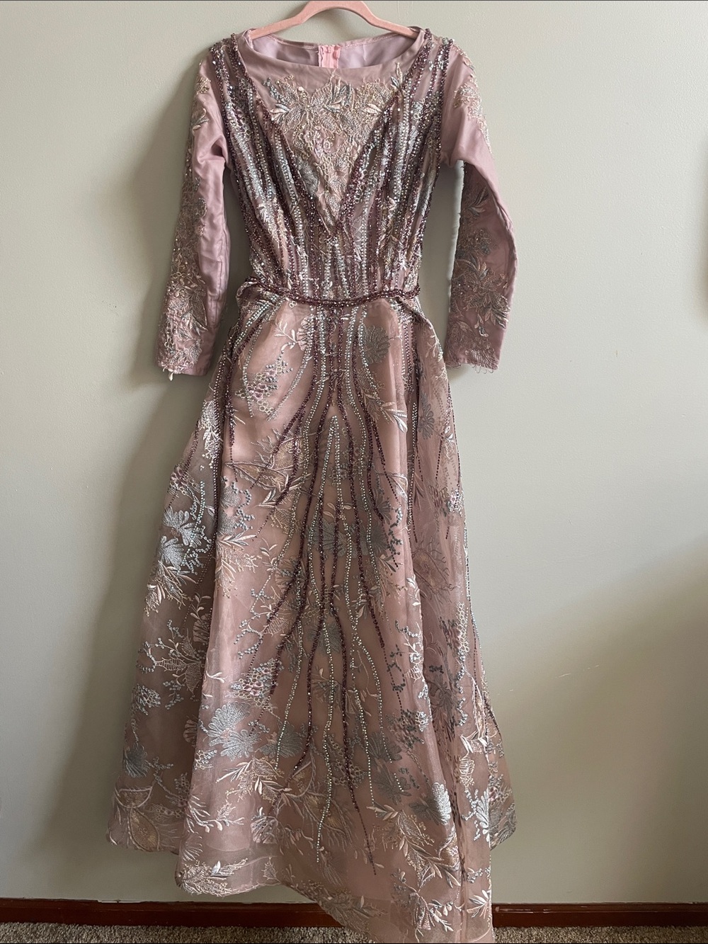 Romance Couture-Beaded Long Sleeve Formal/Pageant Dress in Dusty Rose Pink